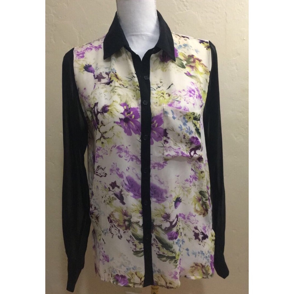 Floral Button Down w/ Black Mesh Sleeves Sz.M